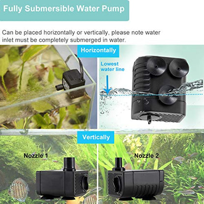 hygger Ultra Quiet 53GPH (200L/H, 3W) Submersible Mini Water Pump Comes with 2 Nozzles, for Aquariums, Fish Tank, Fountain, Hydroponics, Max Lift Height 1.7ft ,120V/60HZ, Power Cord 6ft