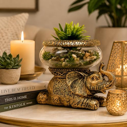 Good Luck Elephant Terrarium Bowl, Antique Gold | Elephant Figurine with Removable Glass Bowl, Succulent Planter, Candle Holder, Air Plant Display, Zen Home Décor Accent - color: Gold Antiqued Elephant Glass