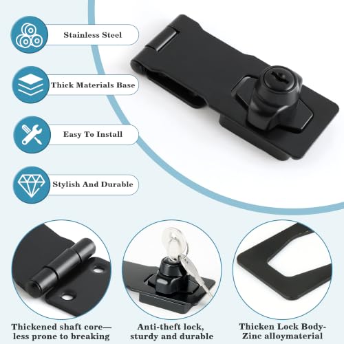 Alise Keyed Hasp Lock,4 Inch Safety Packlock Clasp Hasps Latch,Black Door Hinge Lock with Keys Keyed Locking Hasps for Cabinet,Closet,Drawer, Barn,Fence,Garage Doors | Heavy Duty Hasp Lock ,Attic Door Latch,Black Door Lock with Keys for Storage Cabinet,Cl
