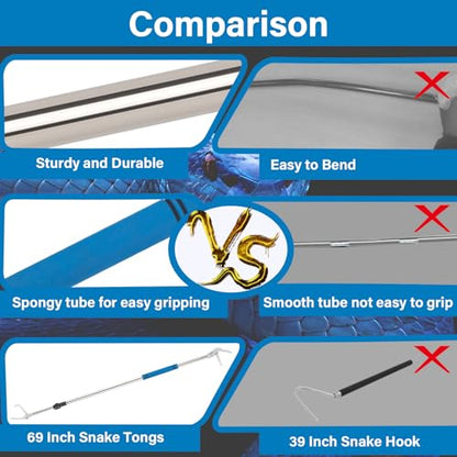 Snake Grabber Tool, 69" Snake Tongs Long Handle for Rattlesnake Reptile Tongs Heavy Duty Long Catcher Reach Grabber Stainless Steel Materials Sponge Handle Wide Jaw (69 inches)