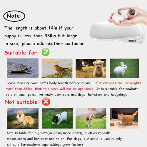 Digital Pet Scale for Small Animals 33lb LCD with Tray Puppy Kitten Reptile | Multi-Use 33lb Digital Pet Scale, 4 Units Mode, Backlit LCD, 14" Tray for Small Animals Hamster Lizard Tortoise Kitchen Food