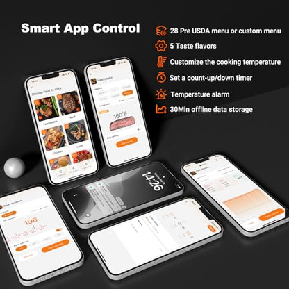 4-Probes Smart Wireless Meat Thermometer with WiFi & Bluetooth, Digital Meat Thermometer for Smoker, Oven & BBQ, Rechargeable Magnetic Base, Large Digital Backlit Screen