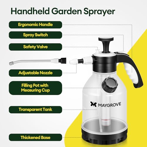 MAYGROVE 50oz Pump Sprayer, Hand Water Spray Bottle | Clear Plant Sprayer with Side Filling Port, Measuring Cup, Adjustable Nozzles, Safe Pressure Relief Valve for Indoor Plant