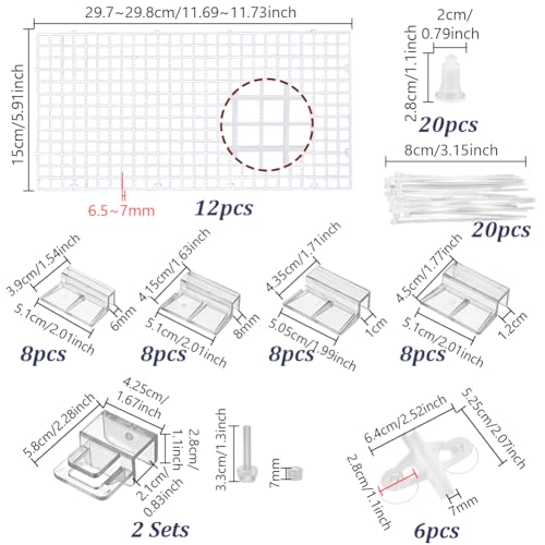AHANDMAKER 12 Pack Fish Tank Aquarium Divider White Plastic Grid Substrate Divider Tray with 6 Pcs Sucker Clips and 20 Pcs Cable Ties Brackets for Aquarium Fish Tank Separation Breeding Decoration