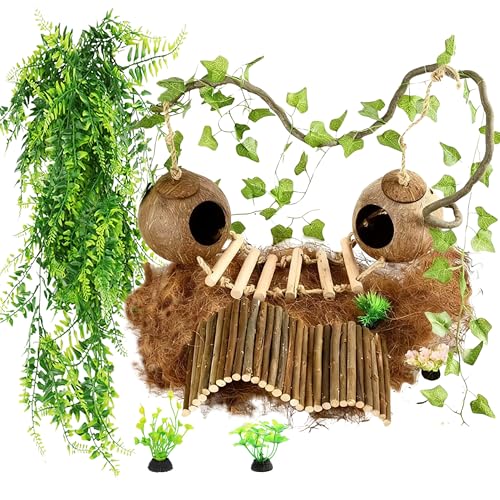 10PCS Crested Gecko Tank Accessories Set – Natural Double Coconut Shell with Ladder, Plants and Bridge Vines for Reptile Terrarium, Leopard Gecko, Lizard, Hermit Crab or Snake Habitat Decor - color: Double coconut shell
