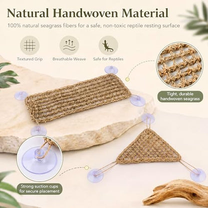Dansydaisy 4 Pcs Reptile Hammock Bearded Dragon Tank Accessories, Woven Lounger with Strong Suction Cups, 2 Rectangle (19.7" x 7.9") and 2 Triangle (7.9" x 11.0") Climbing Beds for Geckos Iguanas - size: 19.7" X 7.9"，7.9" X 11.0"
