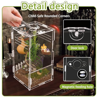 4x4x8 Inch Acrylic Reptile Terrarium，Front Opening Tarantula Enclosure with Swivel Lock & Magnetic Feeding Door，Small Spider Cage for Jumping Spider、Scorpion、Isopods、Snails