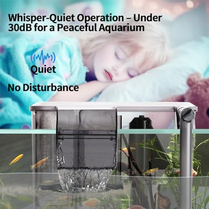 U3 HOB Aquarium Filter with UV Clarifier for 30-75 Gal Tanks | 2000mL media chamber, adjustable flow, extended intake, anti-overflow walls and quiet operation for green water control
