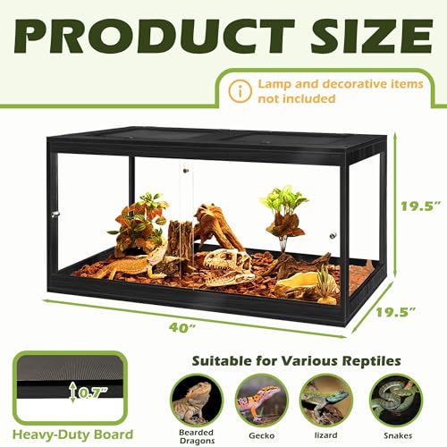 65 Gallon Bearded Dragon Tank, 40 x 20 x 20 Inch Tempered Glass Reptile Enclosure with Metal Mesh Top, Lockable Sliding Front Doors, Large Lizard and Snake Terrarium, Black - color: Black, size: 65 Gallon (40x19.5x19.5 Inch)
