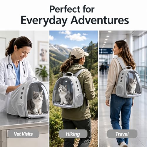 Expandable Cat Carrier Backpack with Bubble Window, Grey | Breathable mesh, anti-collapse frame, side door, safety leash and escape-resistant zippers for vet visits and outdoor travel. - color: Grey