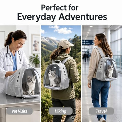 Expandable Cat Carrier Backpack with Bubble Window, Grey | Breathable mesh, anti-collapse frame, side door, safety leash and escape-resistant zippers for vet visits and outdoor travel. - color: Grey