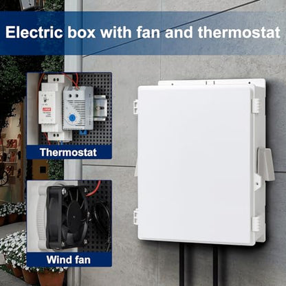 Namunanee Outdoor Electrical Box with Thermostat and Fan, ABS Water Resistant Enclosure with Internal Mounting Panel & Hinged Cover,16" H* 12" L* 5.9" W Plug & Play. - size: 16"H x 12"L x 5.9"W & Thermostat