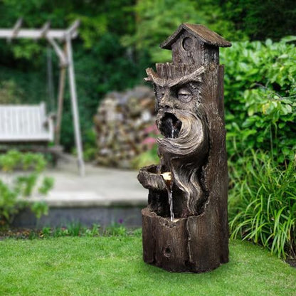 YZM Outdoor Floor Cascading Waterfall Tree Trunk Water Fountain 33.46" H | Patio Porch Backyard Garden Fountain with LED Lights Pump 3 Tiers Water Feature - color: Tree Trunk Brown