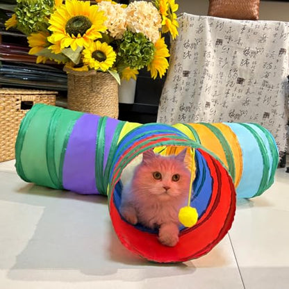 3-Way Collapsible Cat Tunnel Tube Toy Rainbow T-Shape | Interactive Play Tunnel with Hanging Ball & Peek Hole for Indoor Cats, Kittens, Puppies & Rabbits | Hours of Fun & Exercise - color: Rainbow T