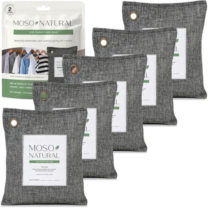Moso Natural Air Purifying Bag 200g (5 Pack) Charcoal Odor Absorber, Car Odor Eliminator & Closet Deodorizer for Home & Pet, Lasts 2 Years, Unscented Bamboo Charcoal Bags, HGTV Editors' Pick - style: 200g (5 Pack)