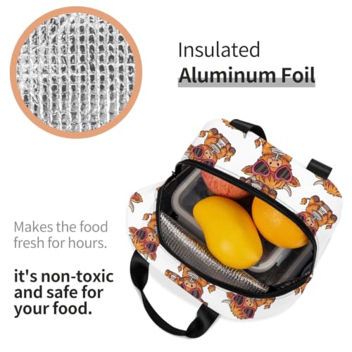 Unisex Funny Highland Print Insulated Lunch Box Durable | Cute Funny Highland Cow Heart Glasses, Oxford Foam Insulated Tote, Adjustable Strap for Travel, Gym & Hiking - color: Pattern (864)