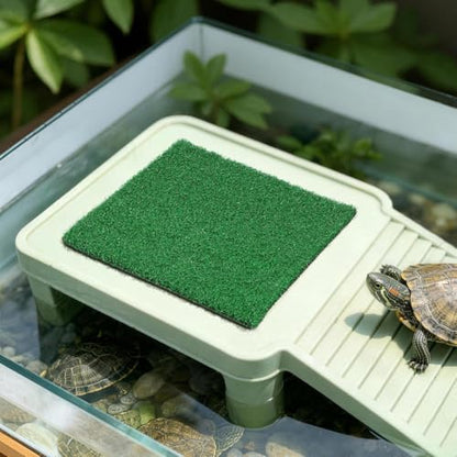 Toddmomy Turtle Basking Platform, Artificial Grass Mat for Aquarium, Square Floating Dock with Ramp for Aquatic Turtles, Reptile Resting Terrace and Tank Landscaping Accessories (9.8" x 9.8")
