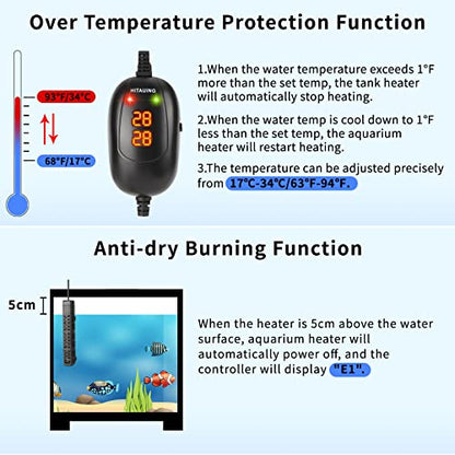 HiTauing Aquarium Heater, 50W/100W/200W/300W/500W Submersible Fish Tank Heater with Over-Temperature Protection and Automatic Power-Off When Leaving Water for Saltwater and Freshwater - size: 200W