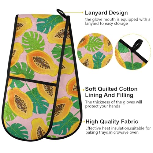 Dual-functionality Mitts and Pot Holders Sets High Heat Resistant Pot Holder Gloves Kitchen Aid BBQ (Papaya Fruit Tropical) - color: Papaya Fruit Tropical
