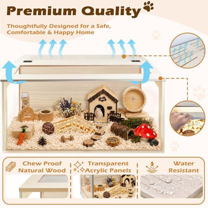 PROLEE Hamster Cage with Chewproof Wood Top, Guinea Pig Cages, Hamster Habitat with Clear Acrylic Sheets Solid Built, Small Animal Cage (Oak, 40X19.5X19.5 inch) - color: Oak, size: 40.0"L x 19.5"W x 19.5"H