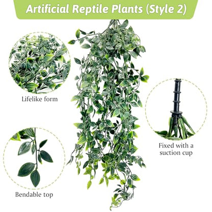 Hamiledyi 5 Pcs Reptile Plants Terrarium Hanging Fake Plant Leaves, Bearded Dragon Tank Accessories, Habitat Decor for Snake Leopard Gecko Lizard Chameleon Spider Turtle (Style 2) - size: 5 PCS - Style 2
