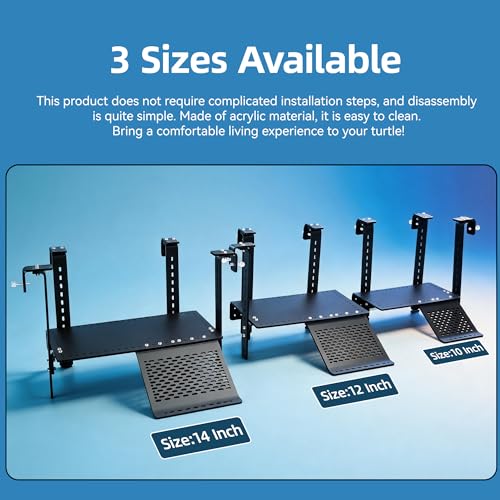 Adjustable Hanging Acrylic Turtle Basking Platform 12x7 for 0.3-2" Tanks | Black acrylic turtle dock with ramp fits 0.3"-2" thick aquarium rims. Acrylic basking platform for aquatic tanks. - size: 12'' x 7''