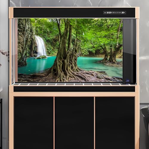 Waterfall Aquarium Background Tropical Rainforest Natural Landscape Terrarium Background Big Tree and Emerald Lake Stream Fish Tank Background Tropical Style Reptile Habitat Background 24x12in - color: Light Turquoise, size: 24(W)x12(H)in