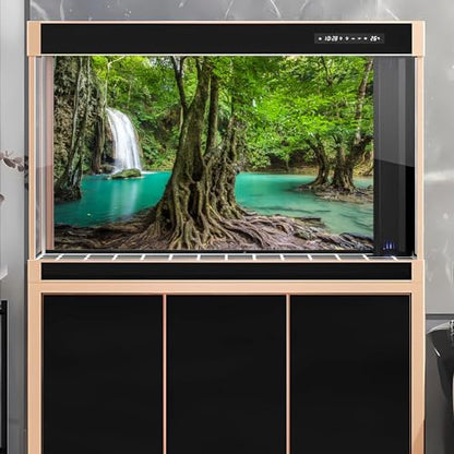 Waterfall Aquarium Background Tropical Rainforest Natural Landscape Terrarium Background Big Tree and Emerald Lake Stream Fish Tank Background Tropical Style Reptile Habitat Background 24x12in - color: Light Turquoise, size: 24(W)x12(H)in