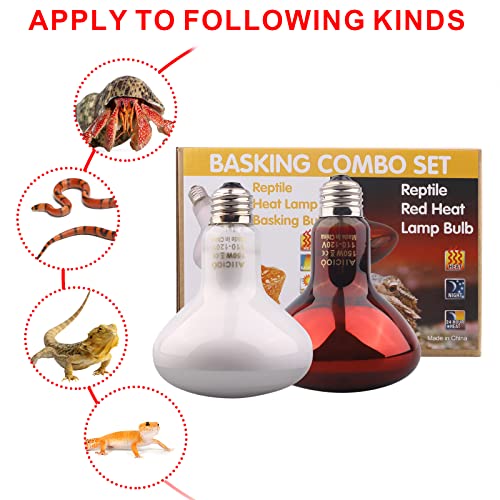 Aiicioo Reptile Heat Lamp Combo Set - 150W Day and Night Reptile Light Bulb Infrared Basking Bulb for Bearded Dragon Lizard Turtle Hermit Crab Leopard Gecko Snake Chameleon Tank - color: Red & White, size: 2 Piece Set