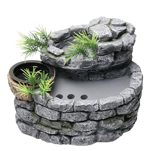 Reptile Water Fountain with Food Dish, 500ML Terrarium Waterfall Drinking Fountain Reptile Water Dispenser, Natural Resin,for Bearded Dragon Gecko Chameleon Lizard Tree Frog Turtle