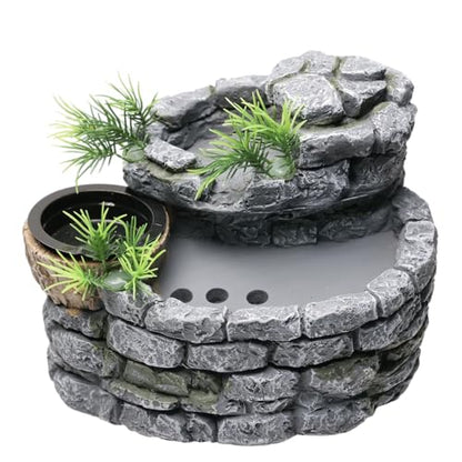 Reptile Water Fountain with Food Dish, 500ML Terrarium Waterfall Drinking Fountain Reptile Water Dispenser, Natural Resin,for Bearded Dragon Gecko Chameleon Lizard Tree Frog Turtle