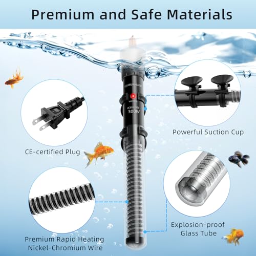 HiTauing Aquarium Heater 25W/50W/100W/200W/300W, Adjustable Knob Fish Tank Heater with Digital Thermometer, Submersible Betta/Turtle Tank Heater for Freshwater and Saltwater Tanks - size: 300W for 50-70 gallon