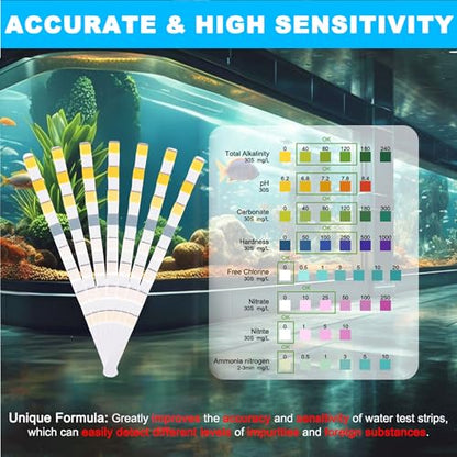 DaToo 8 in 1 Aquarium Test Kit Fish Tank Test Strips Accurate Water Quality Testing Strips for Ammonia PH Total Alkalinity Carbonate Hardness Free Chlorine Nitrate Nitrite Temperature (100 Strips) - size: 100 Strips
