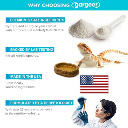 Gargeer 3.5oz Electrolyte Drink Supplement for All Reptiles. Made in USA | Science-based electrolyte powder! Dissolves easily to restore fluid balance during shedding, heat stress & travel