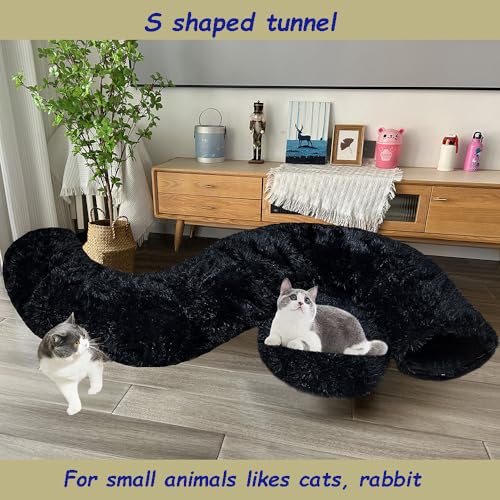 Cat Bed Tunnel Tube Toy Black Plush | Round, Collapsible Pet Tunnels for Indoor Cats, Interactive Toys Play Tubes with Hanging Ball for Kitten, Puppy, Rabbit - color: Black Plush