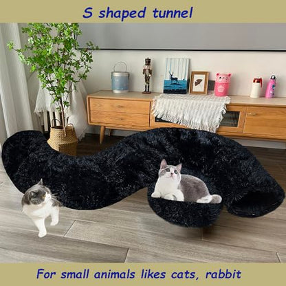 Cat Bed Tunnel Tube Toy Black Plush | Round, Collapsible Pet Tunnels for Indoor Cats, Interactive Toys Play Tubes with Hanging Ball for Kitten, Puppy, Rabbit - color: Black Plush