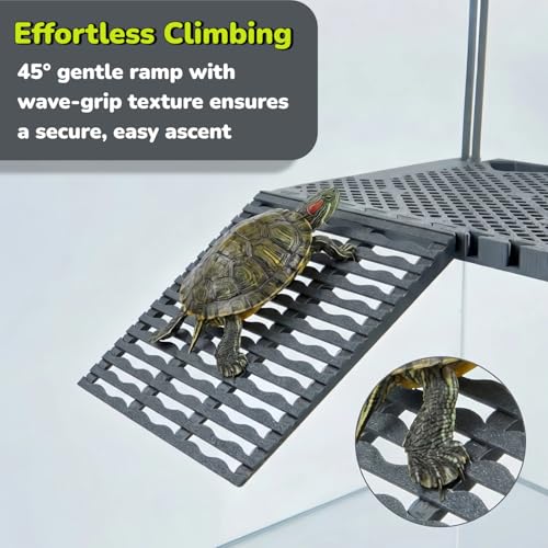 Large SolidForm Hanging Turtle Basking Platform with Built-in Food Tray, Zero Zip-Tied, Non-Slip Ramp Terrace, Resting Turtles Dock, for 60–120 Gallon Aquariums Turtle Turtle Tank Accessories - size: Large（12.6×8.7inches）