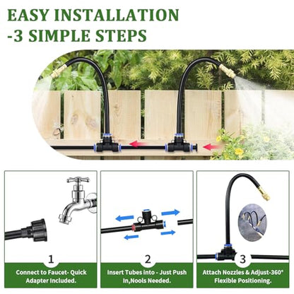 100Ft 1/4” Drip Irrigation System – Drip Irrigation Kit & Garden Watering Kit with 16 Pcs 360° Adjustable Copper Nozzles, Automatic Mist Spray for Raised Bed, Lawn, Garden & Potted Plants