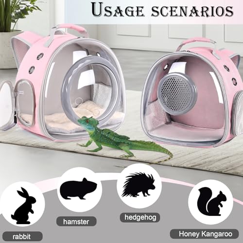 WEVONIGU Bearded Dragon Backpack Carrier with Clear Bubble Dome Window Large Space & Breathable Travel Cage with Soft Mat Airline Approved - color: Pink, size: 8.0"L x 7.0"W x 5.0"H