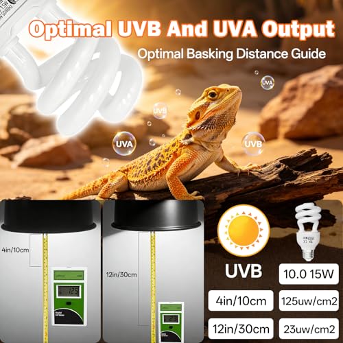 UVB Reptile Light Bulb 10.0: Bearded Dragon 15W Reptile UVB Light 2 Pack, UVA UVB Light for Reptiles Terrarium Compact Fluorescent Lamp, Desert UVB Bulb for Tortoise, Lizard - with UV Sensor Card - size: 5.5INCH-10.0