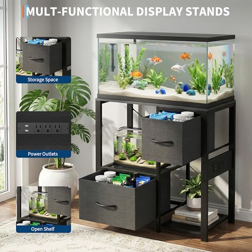 IDEALHOUSE 20-37 Gallon Fish Tank Stand, 80cm Industrial Metal Aquarium Stand with 2 Drawers, Heavy Duty Reptile Tank Stand with Storage Shelves, Black Finish