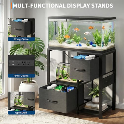 IDEALHOUSE 20-37 Gallon Fish Tank Stand, 80cm Industrial Metal Aquarium Stand with 2 Drawers, Heavy Duty Reptile Tank Stand with Storage Shelves, Black Finish