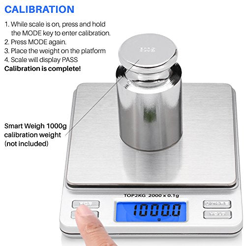Smart Weigh Pro Digital Pocket Scale – 2000g x 0.1g Precision Gram Scale with LCD Display, 6 Weighing Units, Hold & Count Functions – Includes 2 Trays and Batteries (Silver) - size: 2000 Grams