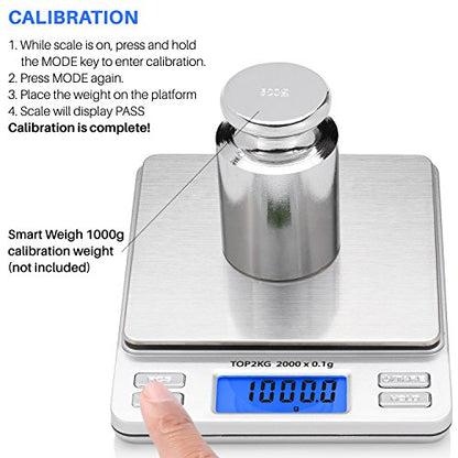 Smart Weigh Pro Digital Pocket Scale – 2000g x 0.1g Precision Gram Scale with LCD Display, 6 Weighing Units, Hold & Count Functions – Includes 2 Trays and Batteries (Silver) - size: 2000 Grams