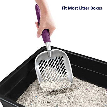Cat Litter Scoop, Aluminum Alloy Sifter, Kitty Metal Scooper, Deep Shovel with Diagonal Sifting Hole, Long Handle, Kitten Poop Lifter for Litter Box, Large Size, Violet Handle - color: #07 Violet, size: Large