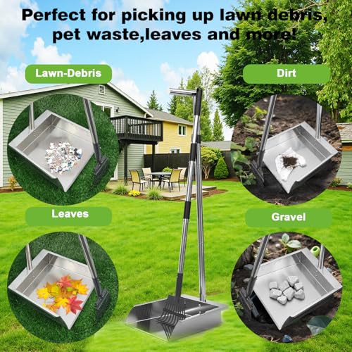 Pooper Scooper for Large Dogs,Dog Pooper Scooper Heavy Duty Long Handle Metal Tray Rake Shovel Set,Extremely Durable Metal Stainless Steel Dustpan for No Bending Clean Up Yard Grass.