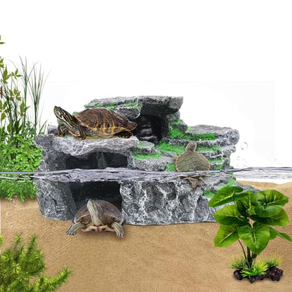 MoonOrange Turtle Basking Platform, Reptile Habitat Hideout, Decorative Resin for Aquarium & Terrarium, Including Artificial Plant and Cleaning Brush.(C-Medium-Black)