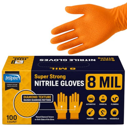 Inspire Heavy Duty Orange Nitrile Gloves | ULTRA 8 Mil Diamond Textured Grip | Industrial Mechanic Disposable Cleaning Gloves - size: Large