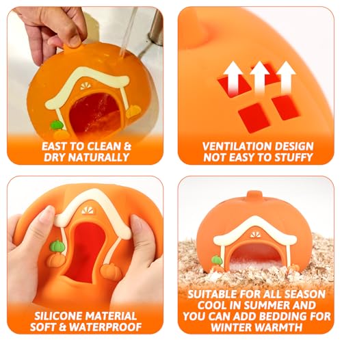 Guinea Pig Bed, Silicone Hamster Hideout Cave Waterproof Small Animal Cage House Accessories Reptile Tank Habitat Decor for Small Pet Ferret, Chinchilla, Bunny, Squirrel, Tortoise, Lizard (Orange)