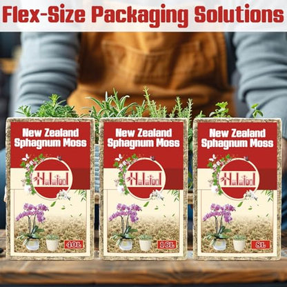 Halatool Premium New Zealand Sphagnum Moss, 100g (8L When Hydrated) | Long Fiber, Retain Moisture, Moss for Orchid Repotting, Succulents, Sarracenia, Potted Plants, Gardening & Reptiles - size: 8L